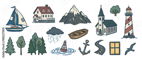 Charming collection of hand-drawn doodle illustrations featuring nautical and landscape elements like a lighthouse, sailboat, mountain, church, and trees in a rustic cartoon style