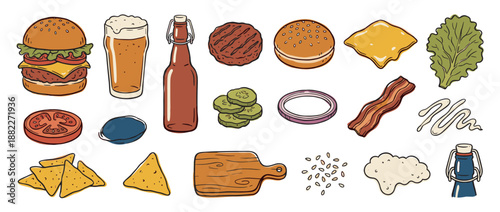 Hand-drawn collection of burger ingredients and fast food items including a cheeseburger, beer, patty, bun, and vegetables in a colorful doodle sketch style