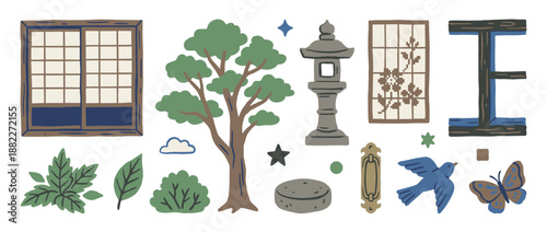 Charming hand-drawn set of traditional Japanese garden and architectural elements, including a shoji screen, stone lantern, tree, bird, and butterfly in a rustic style
