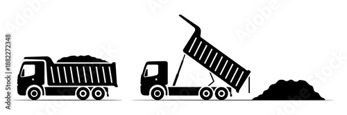 Loaded dump truck. Dump truck unloading sand. Black silhouette. Side view. Vector simple flat graphic illustration. Isolated object on a white background.