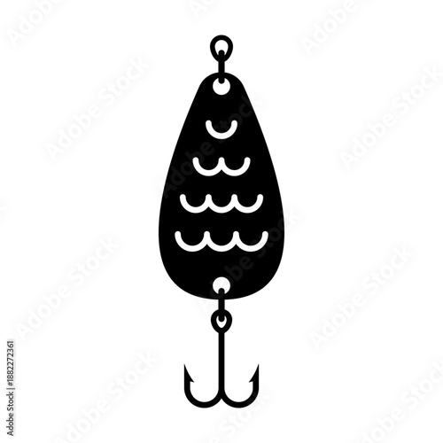 Fishing lure with a double hook icon. Black silhouette. Front and side view. Vector simple flat graphic illustration. Isolated object on a white background.