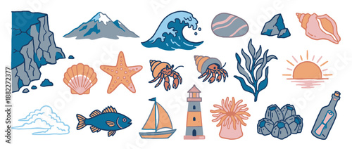 Charming hand-drawn collection of nautical illustrations featuring a lighthouse, sailboat, fish, shells, and other marine life elements in a cute, simple doodle style