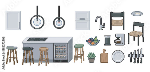 Set of pixel art kitchen furniture and appliance icons for a retro video game, including a kitchen island, chairs, stools, cabinets, and various cooking utensils