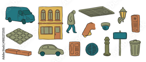 Collection of hand-drawn urban street life elements including a building, car, van, person, and security camera in a sketchy, cartoon style with a muted color palette