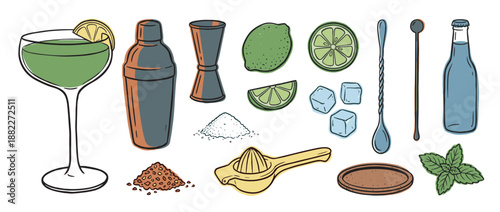 Cocktail making equipment and ingredients collection illustrated in a colorful hand-drawn style with a shaker, jigger, lime, mint, and a green drink