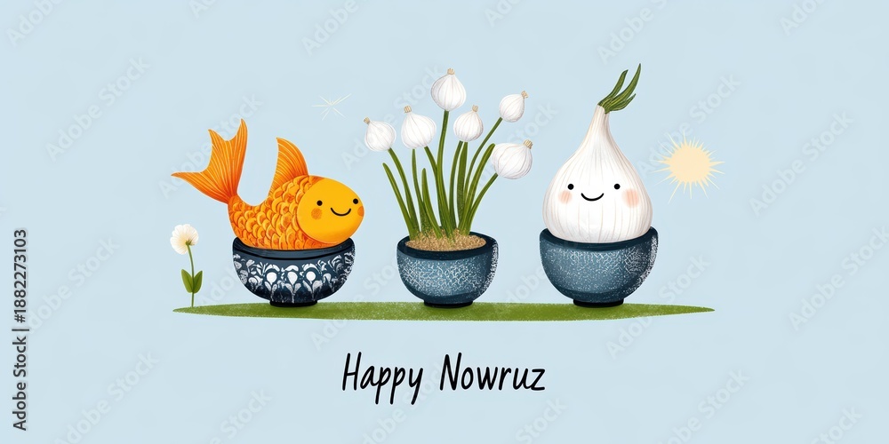 Naklejka premium nowruz cartoon illustration, a bright and playful nowruz postcard features cheerful anthropomorphic characters celebrating in a green field under the sun