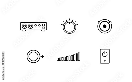 Collection of audio interface and sound control icons with clean line art style