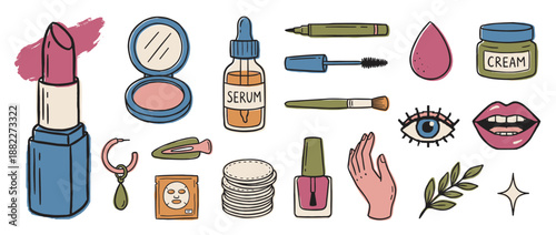Set of hand-drawn beauty and cosmetic illustrations featuring lipstick, serum, mascara, nail polish, and skincare items in a charming, colorful doodle style for self-care concepts