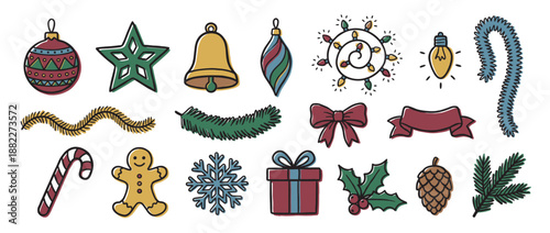 Collection of hand-drawn Christmas holiday icons in a colorful doodle style featuring festive elements like a gingerbread man, snowflake, gift box, ornament, and candy cane