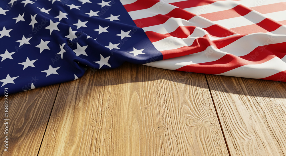 Fototapeta premium Waving flag with red and white stripes, and stars on blue background, lays on wooden surface, showing freedom, patriotism, and remembrance, space available