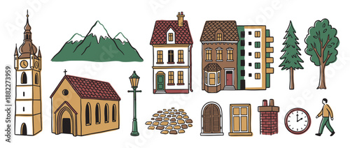 Set of cute hand-drawn doodle illustrations depicting a small town with houses, a church, a clock tower, mountains, trees, and other architectural details