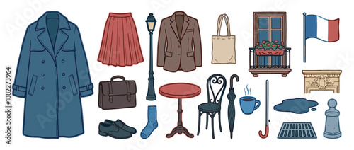 Charming collection of hand-drawn European style illustrations featuring clothing, furniture, and city life elements in a vintage, romantic aesthetic