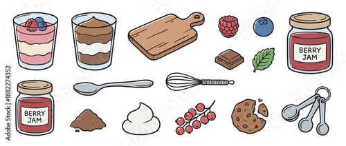 Charming hand-drawn illustration set of various sweet foods and baking items, including berry parfait, chocolate mousse, jam, fresh fruit, cookies, and kitchen utensils
