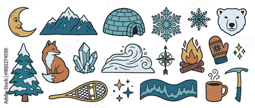 Hand-drawn winter icon set with arctic animals, nature elements, and adventure gear like an igloo, campfire, and mountains, created in a rustic, colorful doodle aesthetic