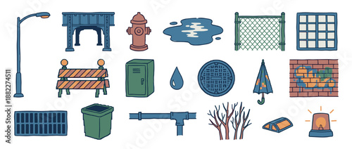 Urban city life elements icon set featuring a fire hydrant, street light, road barrier, and graffiti wall, presented in a charming hand-drawn illustrative cartoon style