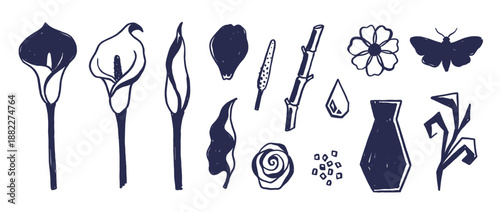 Set of dark blue hand-drawn botanical illustrations featuring calla lilies, a moth, a vase, and other floral elements in a minimalist, sketchy, linocut style for design