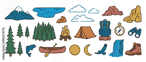 Set of hand-drawn camping and hiking icons featuring a mountain, tent, campfire, backpack, and canoe, representing outdoor adventure in a colorful doodle illustration style