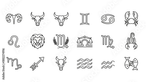 Set of 12 Astrology Zodiac Sign Outline Icons Collection, Horoscope Symbols in Black and White Line Art, Celestial Star Signs on Isolated White Background.