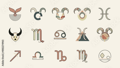 Artistic Collection of Earthy Colored Zodiac Astrological Symbols with Abstract Shapes on a Light Beige Background