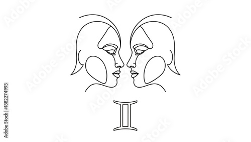 Minimalist Line Art Illustration of Gemini Zodiac Symbol with Two Faces in Profile on an Isolated White Background