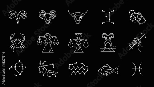Complete Modern Zodiac Signs Collection Outline on Black Background