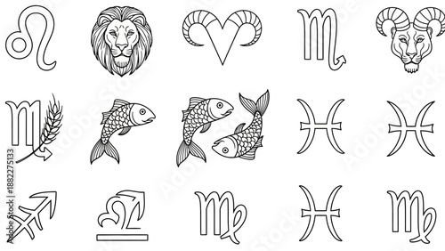 Diverse Zodiac Symbols Collection Outline on Isolated White Background