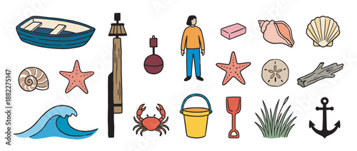 Set of colorful seaside doodle illustrations featuring a rowboat, anchor, crab, starfish, shells, and other nautical elements in a charming hand-drawn cartoon style