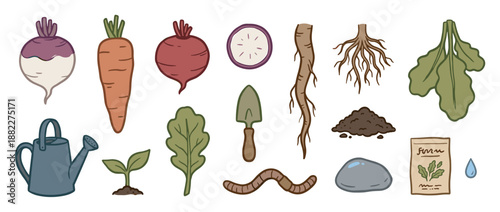 Charming collection of hand-drawn gardening illustrations featuring root vegetables, a watering can, trowel, sprout, and soil in a simple, rustic cartoon style with muted colors