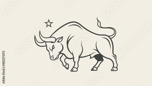 Strong Bull Illustration with Star on Light Beige Background