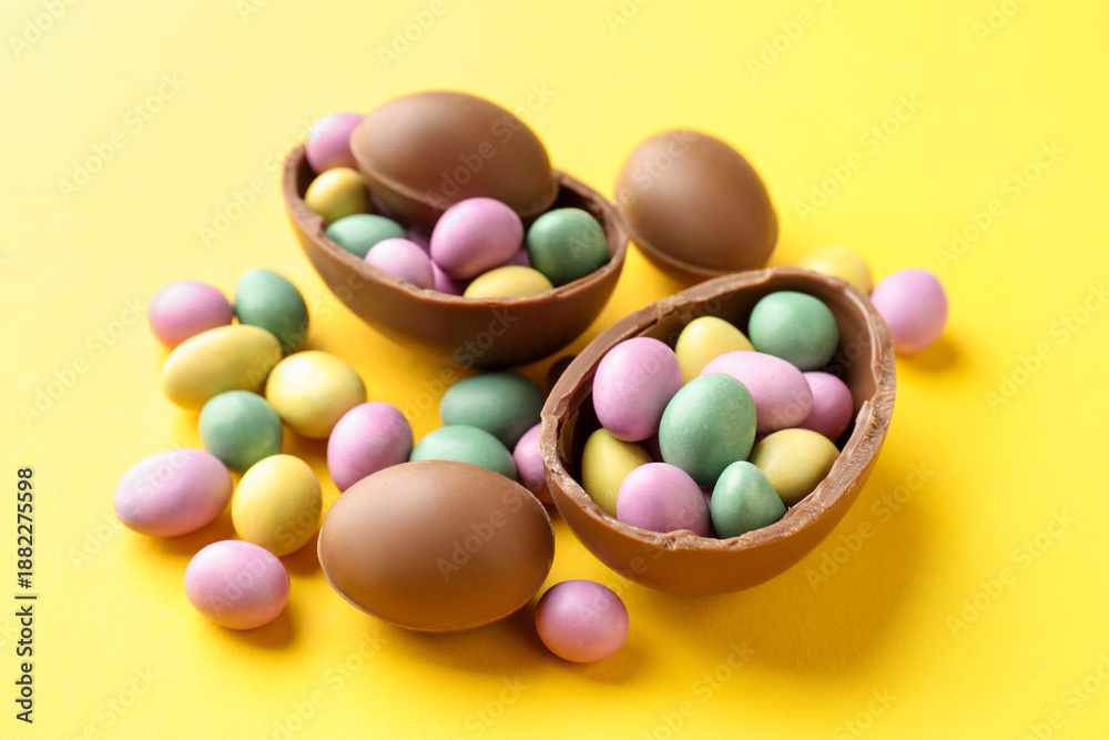 Obraz premium Tasty chocolate eggs with colorful candies on yellow background, closeup. Happy Easter
