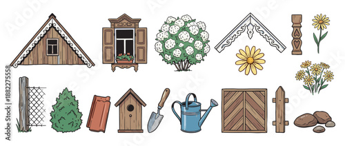Collection of hand-drawn rustic village and garden elements including a house gable, window, flowers, and tools in a charming cartoon illustration style