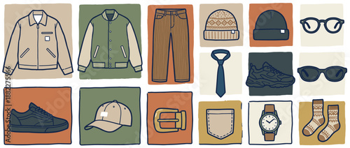 Set of hand-drawn men's fashion illustrations featuring casual apparel and accessories like jackets, corduroy pants, sneakers, and a watch in a trendy, retro line art style