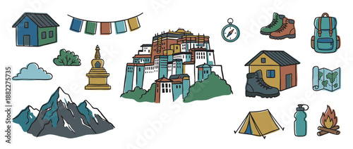 Charming hand-drawn set of travel icons for a mountain adventure, featuring a monastery, stupa, hiking boots, backpack, tent, and camping essentials in a doodle style