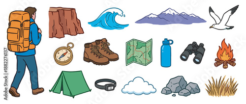 Colorful hand-drawn set of hiking and camping icons including a backpacker, tent, map, compass, boots, and campfire for outdoor adventure and travel concepts in a cartoon style