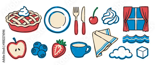 Collection of hand-drawn food and home icons in a charming retro doodle style featuring a fruit pie, berries, cutlery, a window, and a coffee cup for a cozy concept
