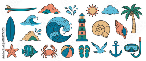 Large set of colorful summer beach vacation icons in a hand-drawn doodle style, featuring a surfboard, palm tree, lighthouse, ocean wave, crab, and other sea elements for travel