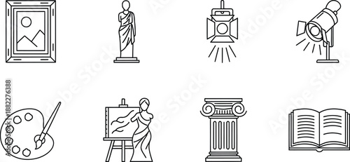 Collection of art studio symbols showing easel and palette