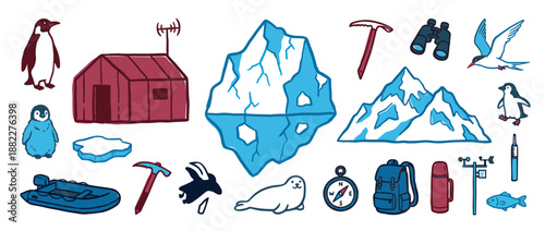 Collection of arctic and antarctic exploration illustrations including a penguin, seal, iceberg, research hut, compass, and ice axe in a simple, flat doodle style
