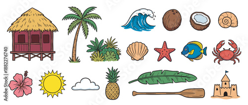 Colorful hand-drawn set of tropical island elements with a bungalow, palm tree, ocean wave, sea creatures, and summer symbols in a cute cartoon style