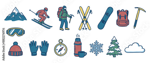 Set of hand-drawn winter sport and mountain climbing illustrations in a colorful cartoon style, featuring a skier, snowboard, backpack, compass, and other adventure equipment