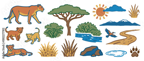 Collection of stylized savanna wildlife illustrations featuring a lioness, cubs, tree, sun, and other nature elements in a colorful, hand-drawn cartoon style for children