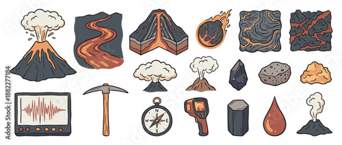 Large set of volcanology illustrations showing an erupting volcano, lava flow, rocks, and scientific equipment in a hand-drawn cartoon doodle style for educational purposes