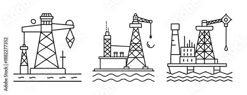 Offshore oil rig drilling platforms industrial line art icon set