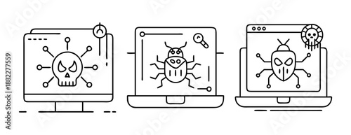 Digital threat, virus, malware, and cyber security outline icons set