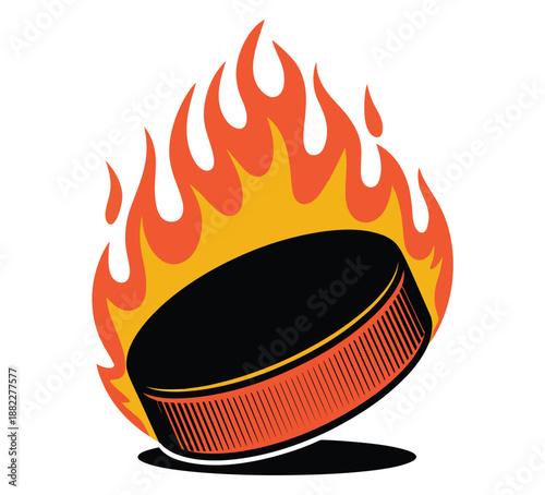 A hockey puck engulfed in flames, symbolizing speed and intensity in a competitive sports context.