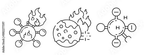 Chemistry molecular icons: reaction, burning atom, and charged structure