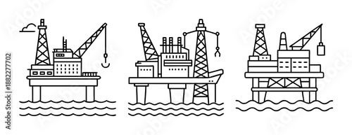 Offshore oil rig platforms for fossil fuel extraction icon set