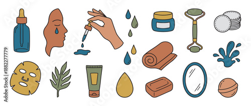 Collection of hand-drawn skincare and beauty product icons for a daily self-care routine, including a serum bottle, face roller, sheet mask, and cream in a minimalist doodle style