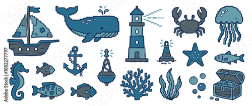 Collection of blue pixel art nautical icons featuring a whale, sailboat, lighthouse, crab, and treasure chest in a charming 8-bit retro video game style illustration