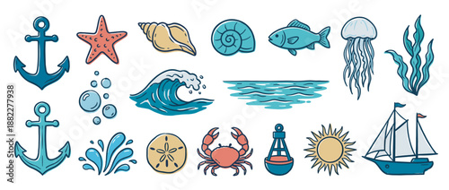 Large set of colorful marine and nautical icons in a hand-drawn cartoon style, including a sailboat, anchor, crab, jellyfish, starfish, wave, sun, and various sea shells